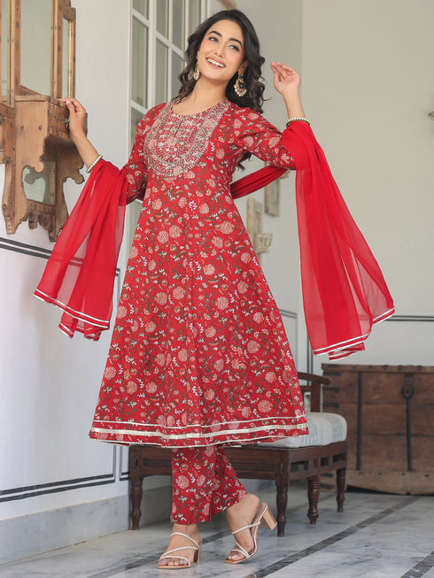 Red Pure Cotton Floral Printed Yoke Embroidered A-line Kurta Set